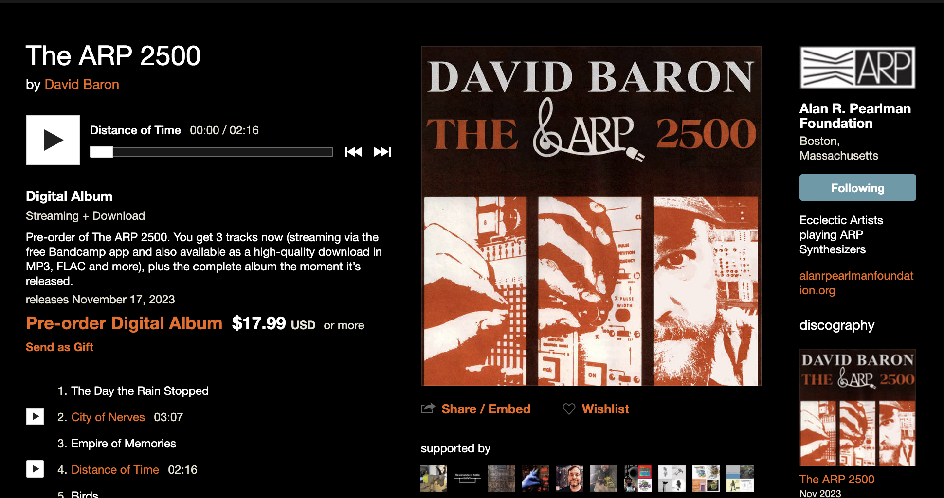 screenshot from BandCamp page of David Baron The ARP 2500